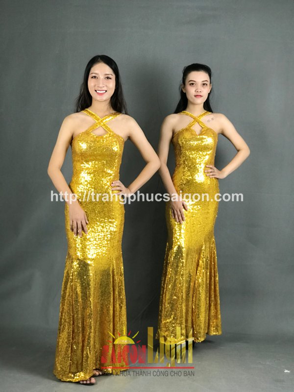 cho thuê đầm kim sa dài màu vàng giá rẻ