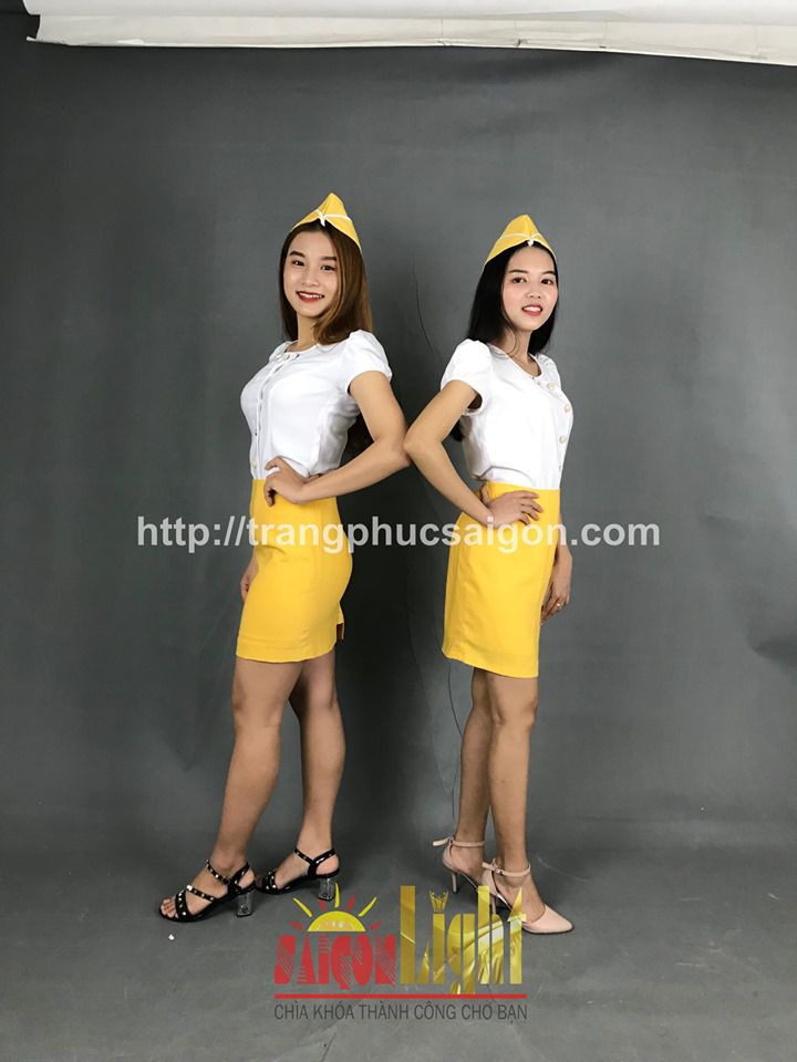 cho thuê set chân váy vàng áo trắng + nón giá rẻ