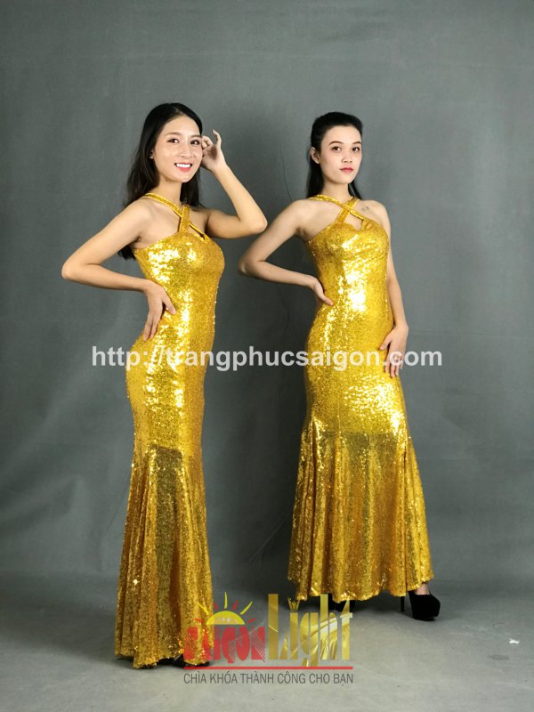 cho thuê đầm kim sa dài màu vàng giá rẻ