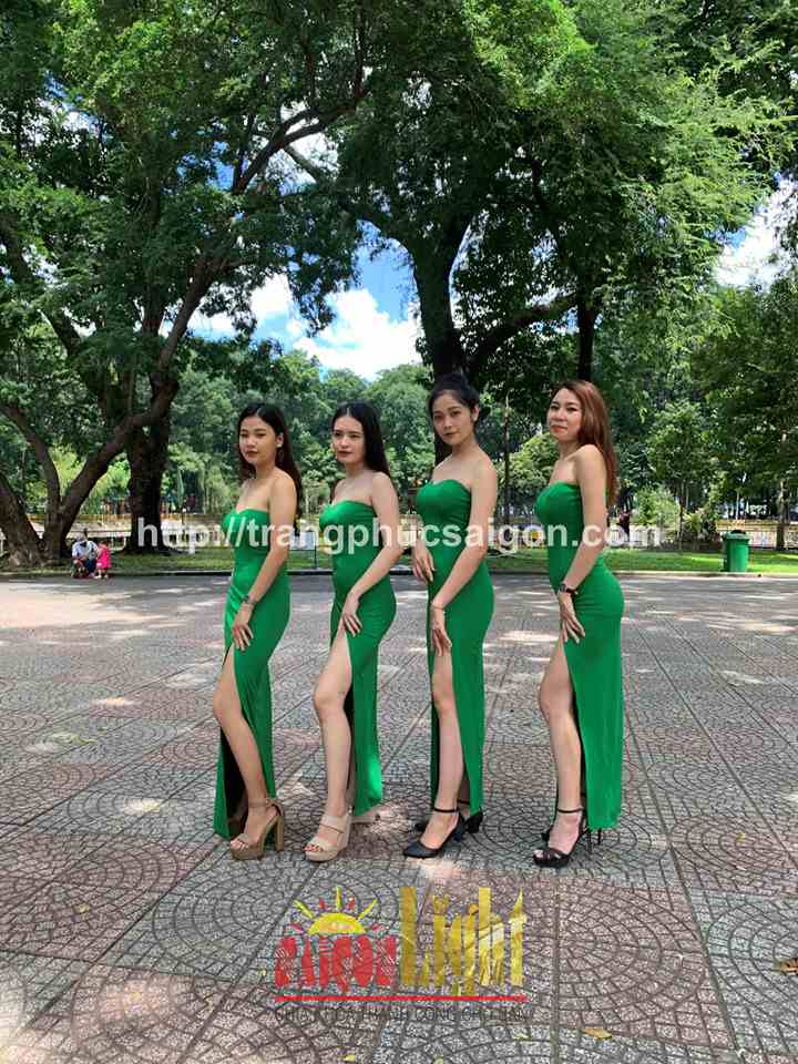 cho thuê đầm cúp ngực xẻ tà xanh lá dài giá rẻ