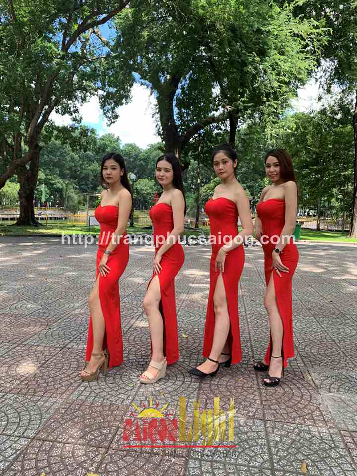 cho thuê đầm cúp ngực xẻ tà màu đỏ dài giá rẻ