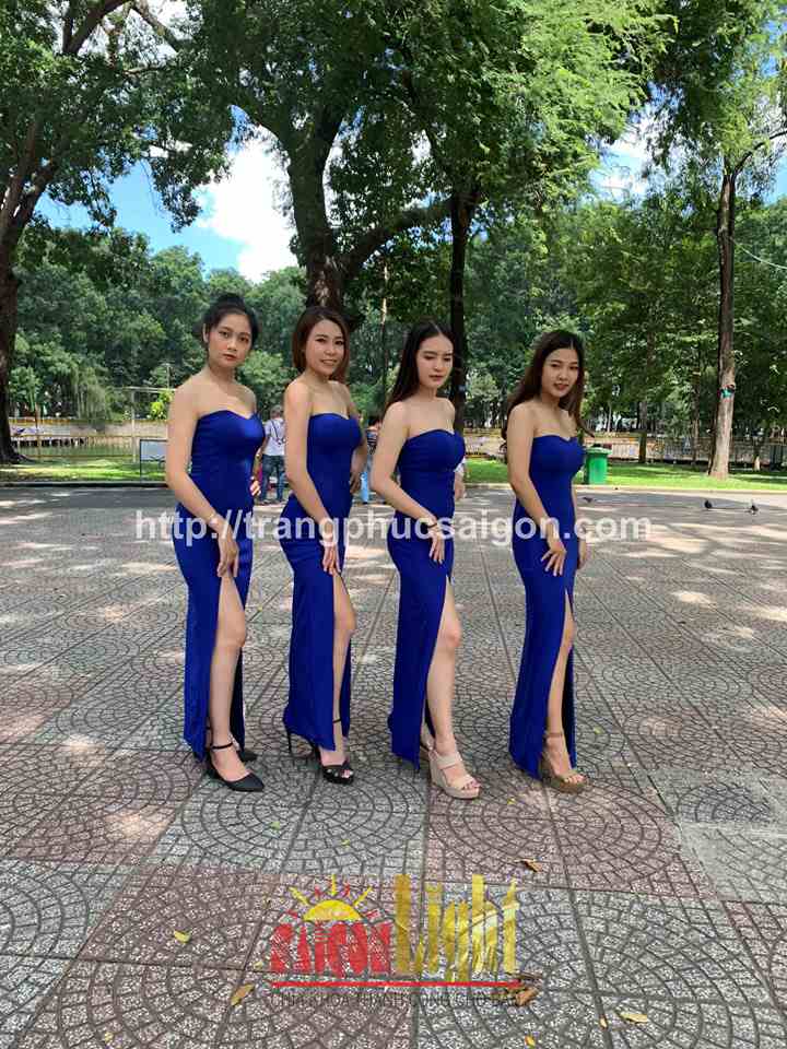 cho thuê đầm cúp ngực xẻ tà xanh dương dài giá rẻ