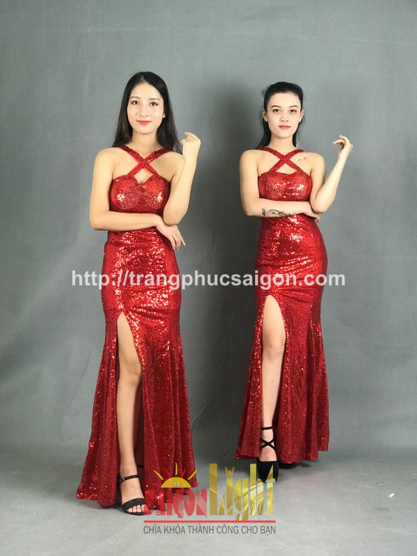 cho thuê đầm kim sa dài màu đỏ giá rẻ