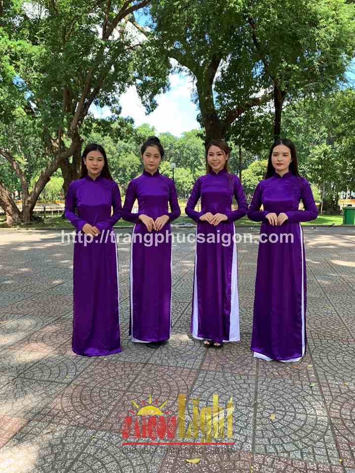 cho thuê áo dài phi bóng màu tím giá rẻ