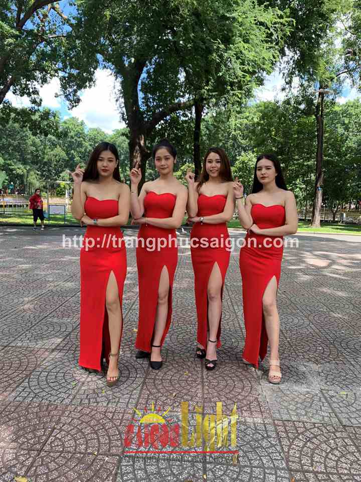 cho thuê đầm cúp ngực xẻ tà màu đỏ dài giá rẻ