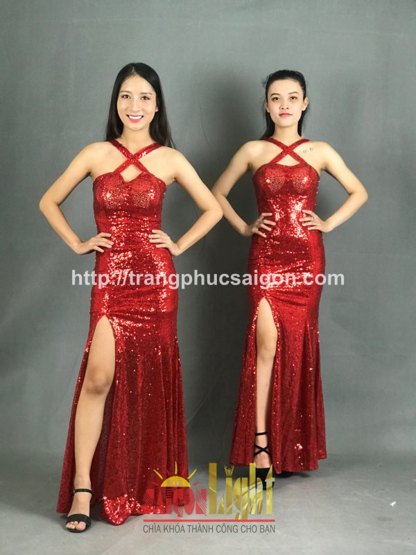 cho thuê đầm kim sa dài màu đỏ giá rẻ
