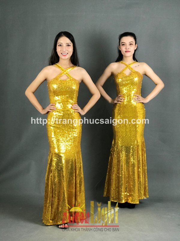 cho thuê đầm kim sa dài màu vàng giá rẻ