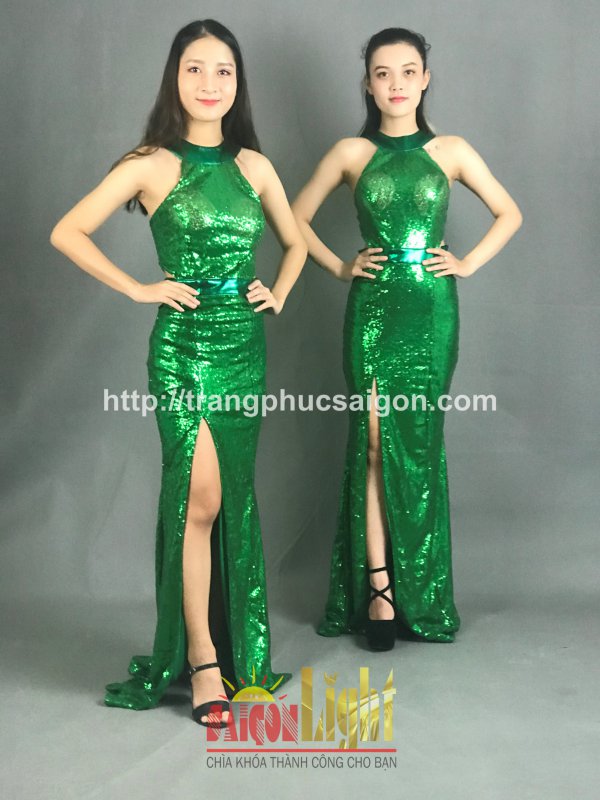 cho thuê đầm kim sa dài màu xanh lá giá rẻ