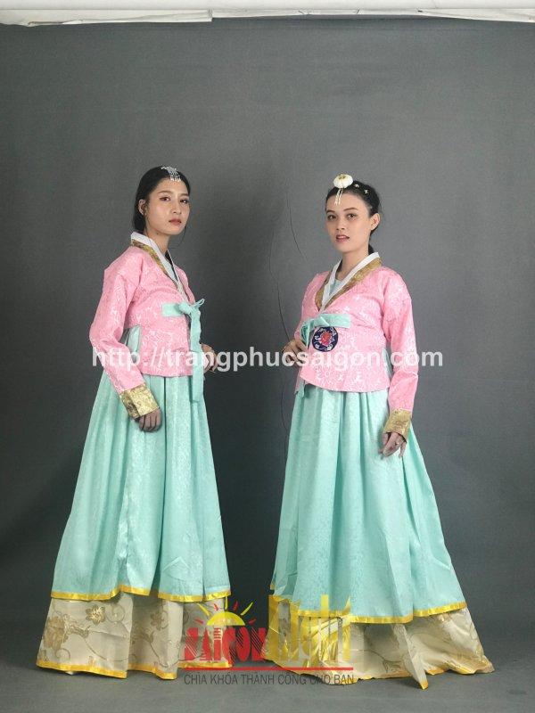 cho thuê hanbok hồng phấn phối xanh ngọc họa tiết giá rẻ