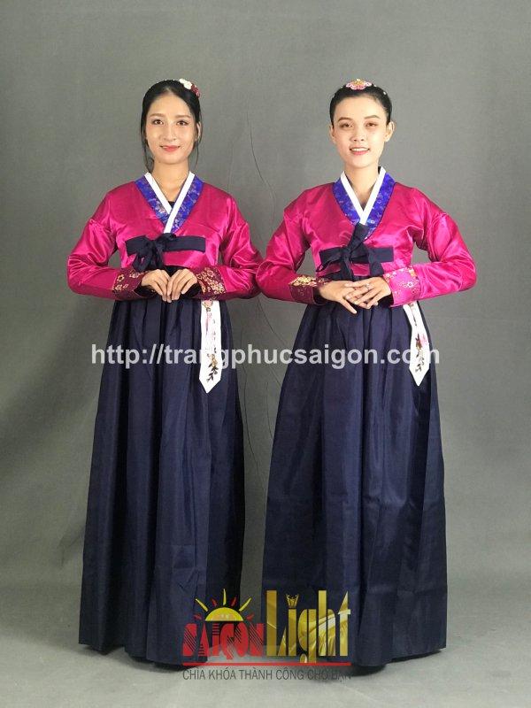 cho thuê hanbok hồng tím phối xanh họa tiết giá rẻ