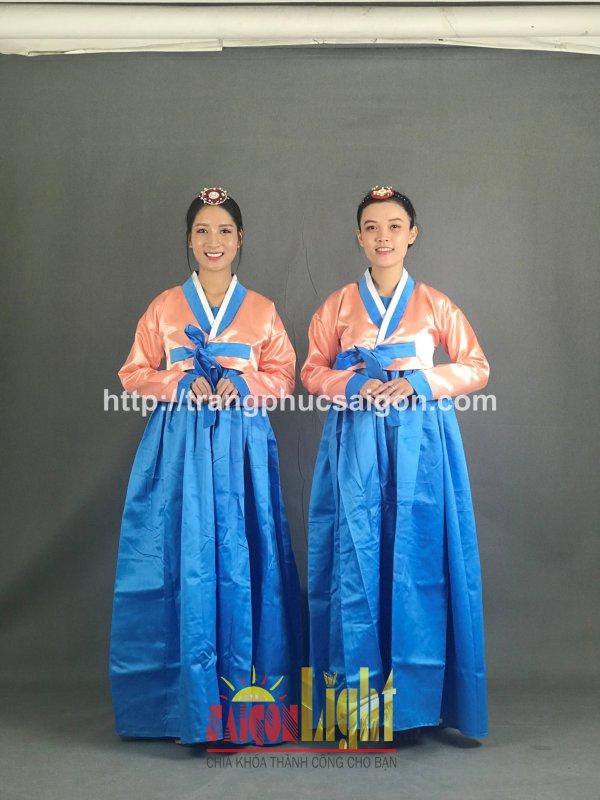 cho thuê hanbok màu cam hồng phối xanh giá rẻ