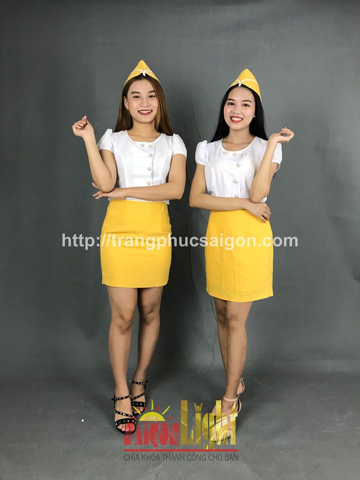 cho thuê set chân váy vàng áo trắng + nón giá rẻ